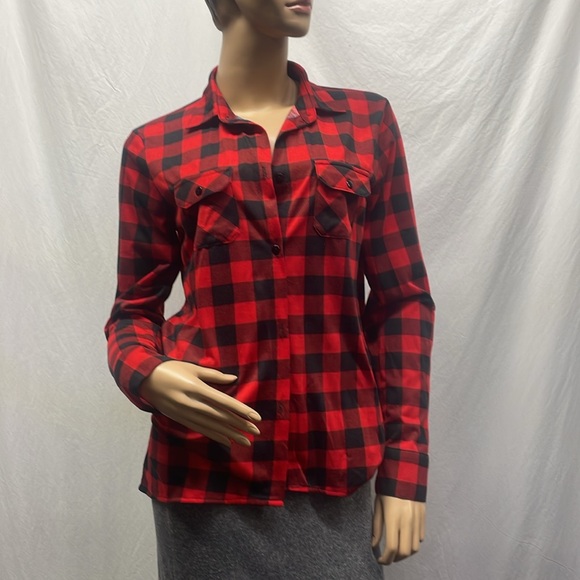 G Collection Womens Black & Red Plaid Long Sleeve Button Down Shirt - Picture 2 of 8